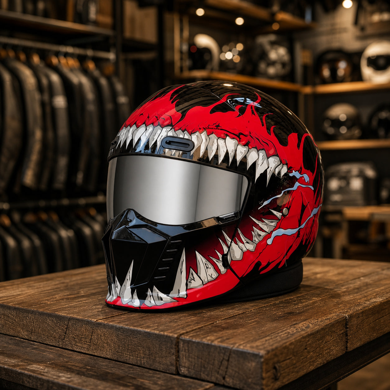 REBELRUST Shark Dark Street Fighter Full Face Helmet - Red Pattern Silver Lens colorway