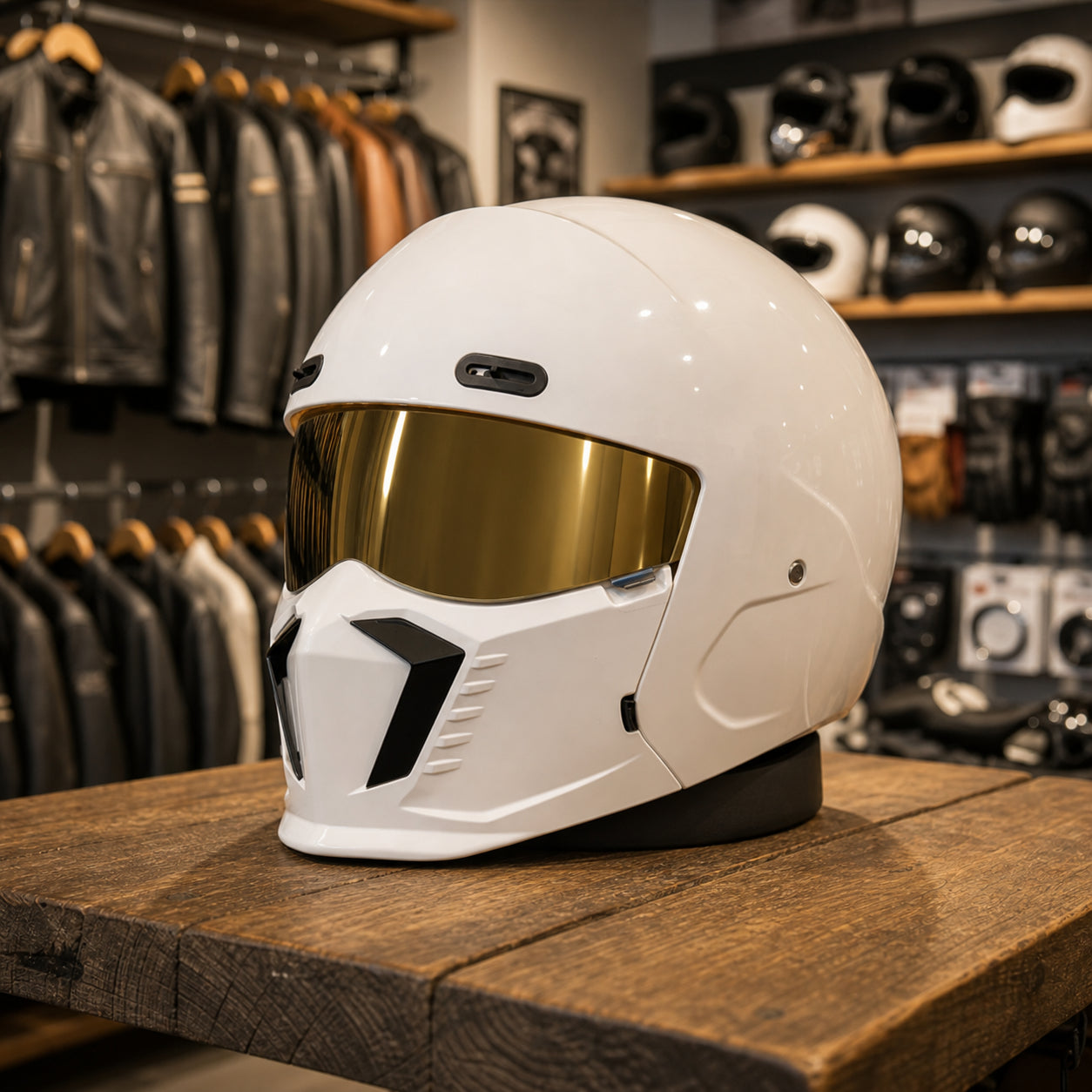 REBELRUST Shark Dark Street Fighter Full Face Helmet - BlackRed Gold Lens colorway