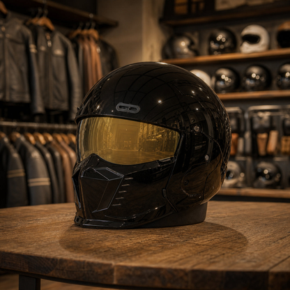 REBELRUST Shark Dark Street Fighter Full Face Helmet - Glossy Black Gold Lens colorway