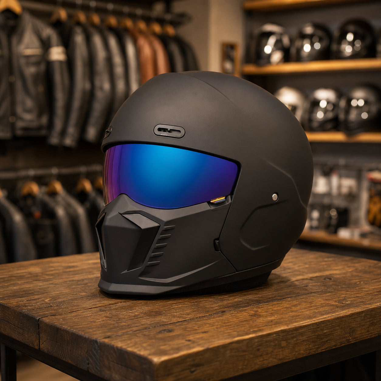 REBELRUST Shark Dark Street Fighter Full Face Helmet - Matte Black Blue Lens colorway