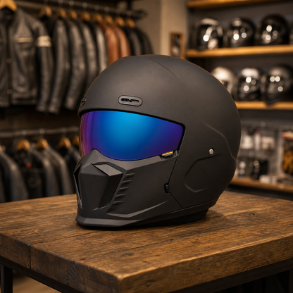 REBELRUST Shark Dark Street Fighter Full Face Helmet - Matte Black Blue Lens colorway