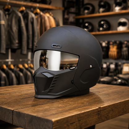 REBELRUST Shark Dark Street Fighter Full Face Helmet - Matte Black Silver Lens colorway