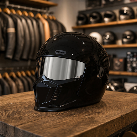 REBELRUST Shark Dark Street Fighter Full Face Helmet - Glossy Black Silver Lens colorway
