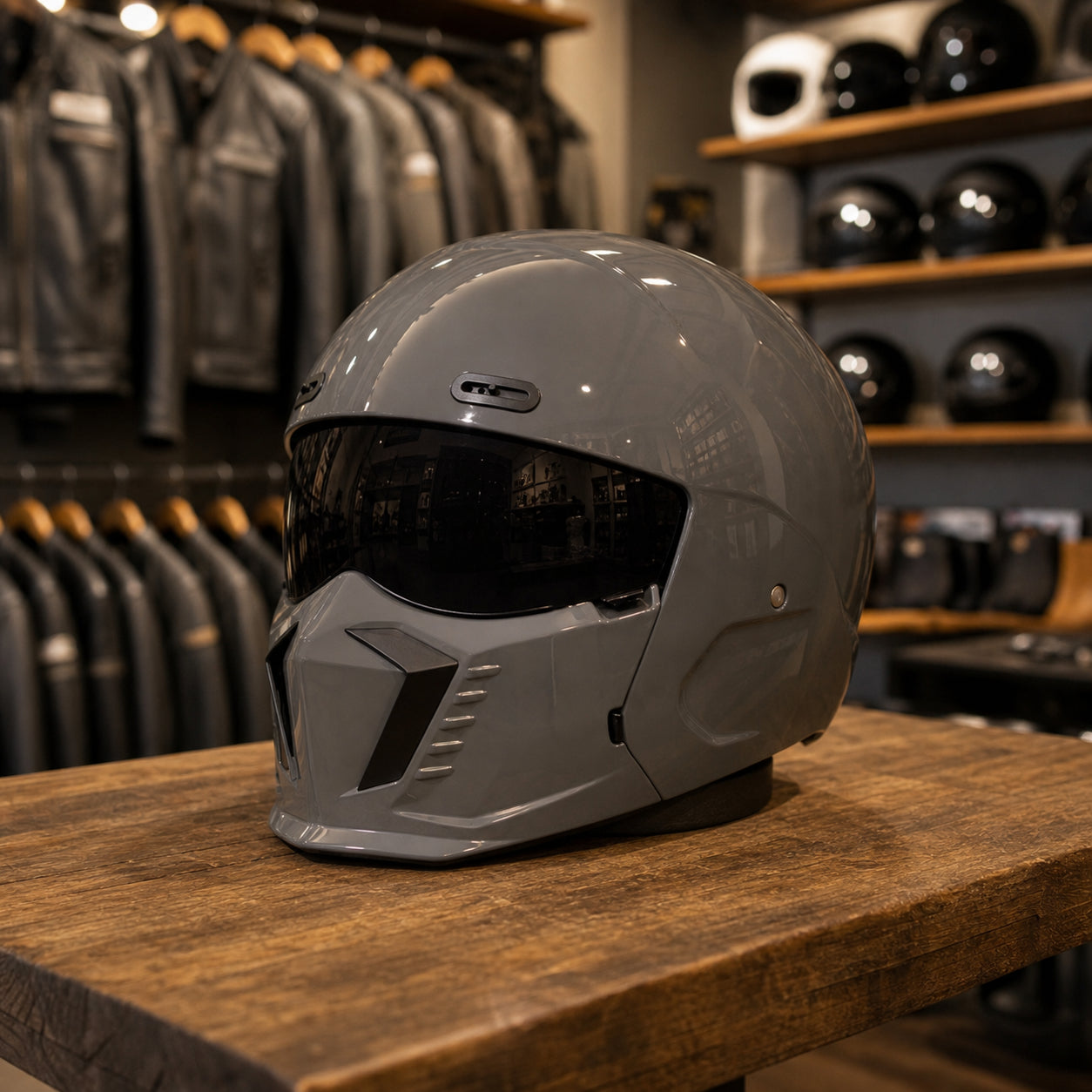 REBELRUST Shark Dark Street Fighter Full Face Helmet - Glossy Grey Black Lens colorway