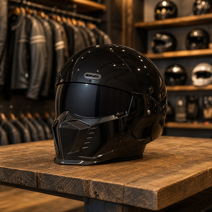REBELRUST Shark Dark Street Fighter Full Face Helmet - Glossy Black Black Lens colorway