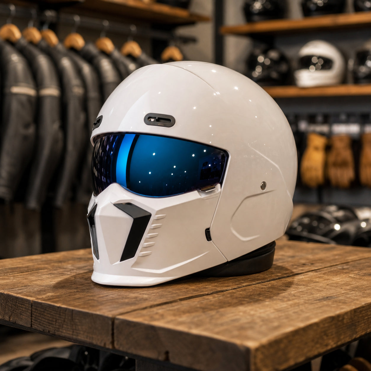 REBELRUST Shark Dark Street Fighter Full Face Helmet - BlackRed Blue Lens colorway