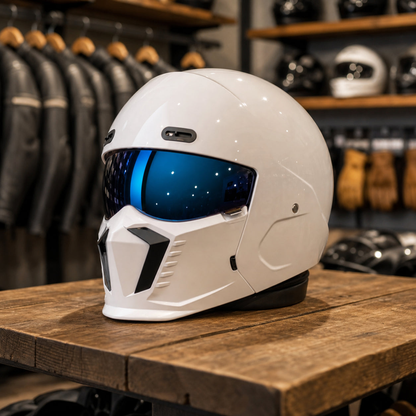REBELRUST Shark Dark Street Fighter Full Face Helmet - BlackRed Blue Lens colorway