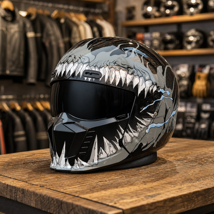 REBELRUST Shark Dark Street Fighter Full Face Helmet - Gray Pattern Black Lens colorway