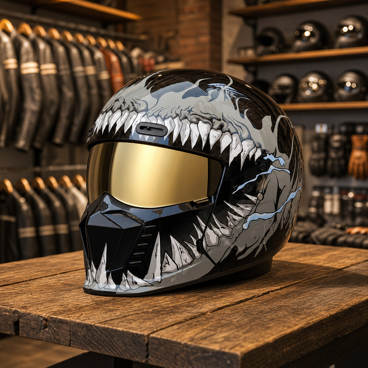 REBELRUST Shark Dark Street Fighter Full Face Helmet - Gray Pattern Gold Lens colorway