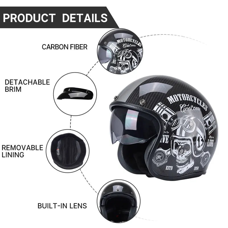 REBELRUST Carbon Fiber Retro Motorcycle Helmets - side profile