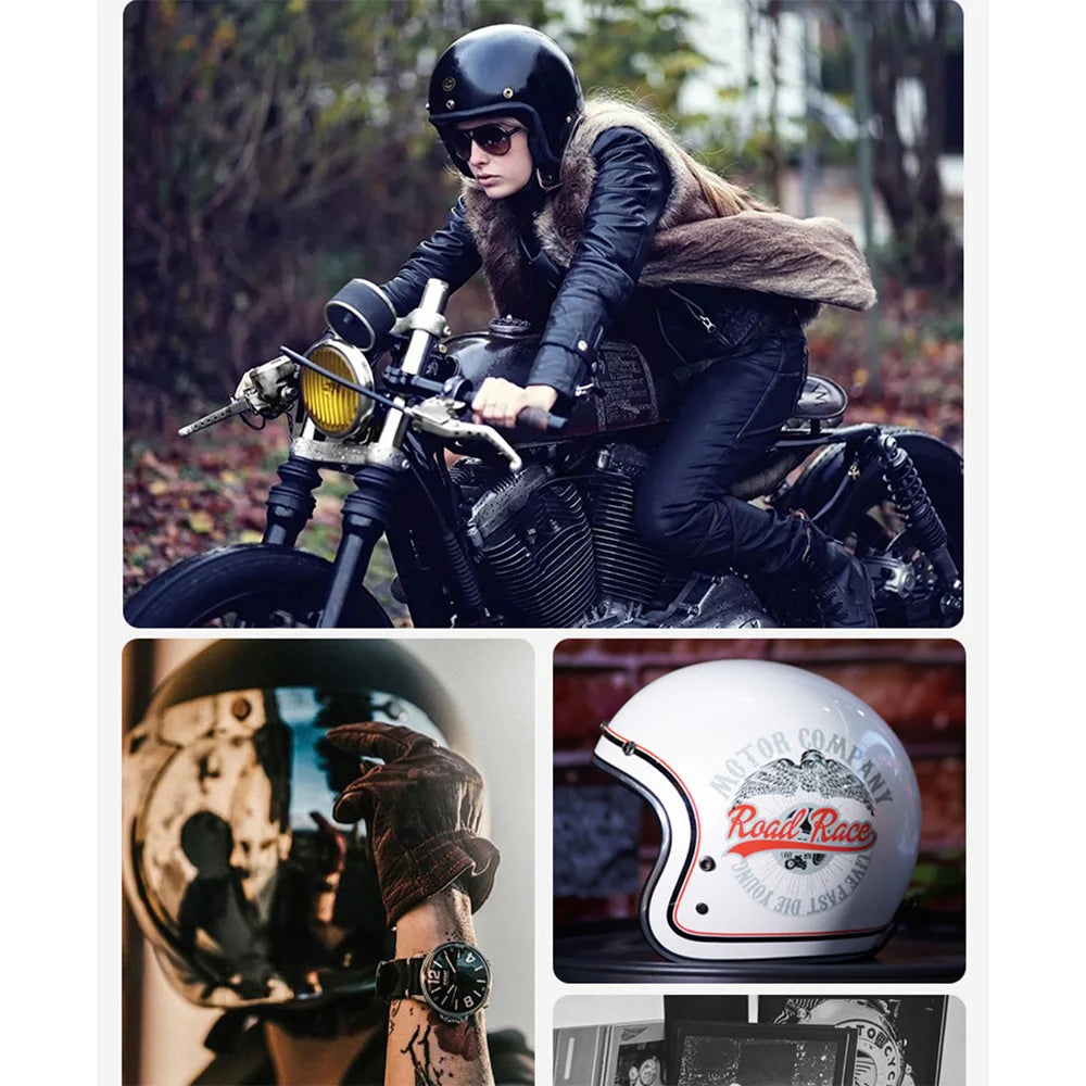 REBELRUST Fiberglass Retro Motorcycle Helmet - close-up detail of the bubble visor