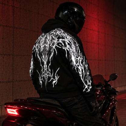 Classic Reflective Hoodie in jet black with reflective biker graphics - RebelRust