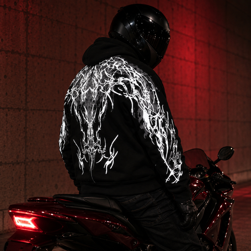 Classic Reflective Hoodie in jet black with reflective biker graphics - RebelRust