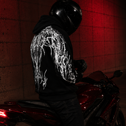 Side view of the 420 GSM heavyweight reflective biker hoodie in jet black