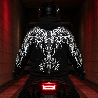 Rear view showing the full reflective back graphic on the black hoodie
