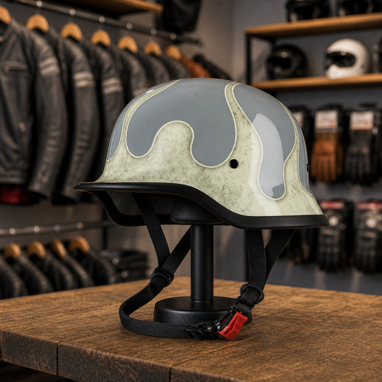 REBELRUST Vintage German Helmet - Silver Grey Flame