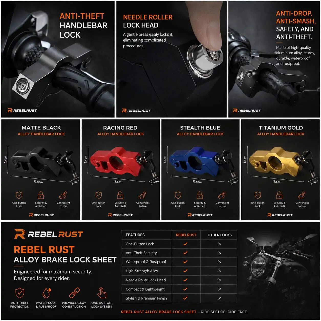 REBELRUST - Anti-Theft Grip Lock for Motorcycles
